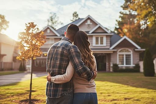 A couple hugging in front of their Texas home